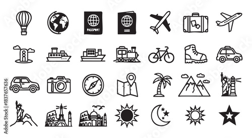 Travel and tourism icons for vacation and adventure design template