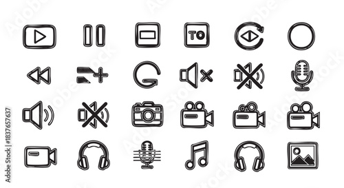Set of multimedia entertainment and communication doodle style vector icons