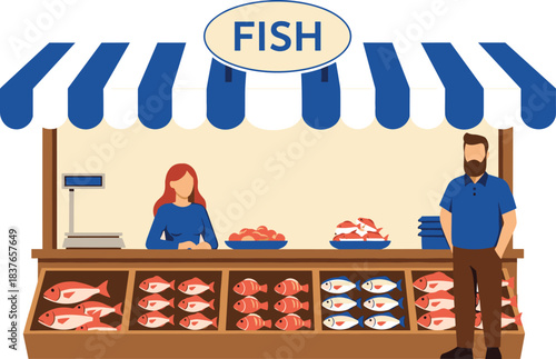Fish market icon set, seafood stall with vendor customer interaction and fresh catch display, cad drawing flat vector illustration
