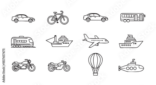 Variety of transportation modes including car bicycle train ship and motorcycles