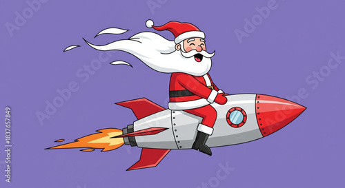 Santa Claus riding a rocket through the starry night sky, delivering Christmas joy and presents with speed and festivity