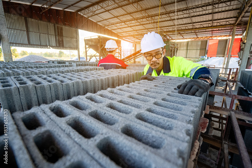 A construction workers wearing protective clothing carefully inspect stacking hollow concrete blocks (concrete blocks) in an indoor factory or construction material storage area.