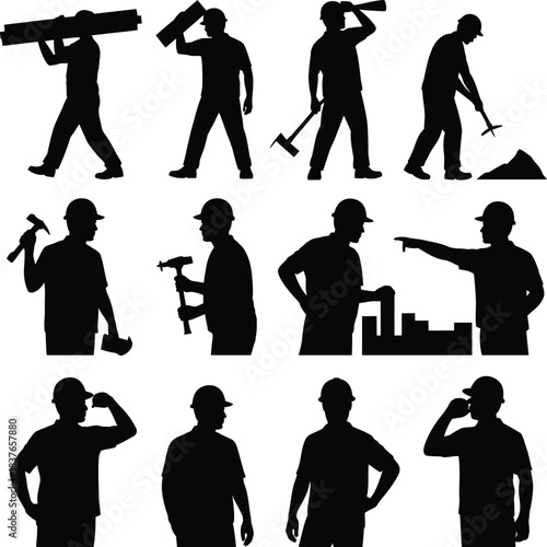 Construction Laborer and Builder Silhouette Set