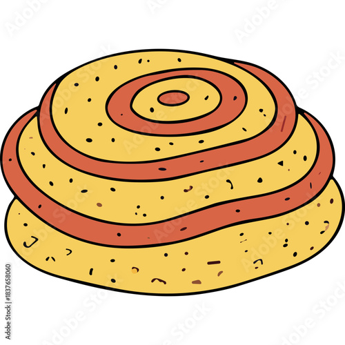 Stylized illustration of a cinnamon roll pastry with yellow dough and reddish brown icing swirls on a black background featuring a simple cartoon design with black outlines and a textured effect
