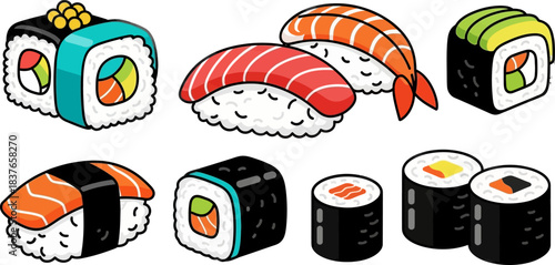 Vector illustration of different types of Japanese sushi food.