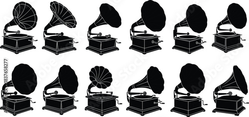 Vintage gramophone silhouette icon set, antique audio device and phonograph horn collection, cad drawing flat vector illustration