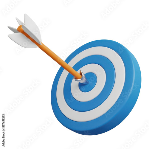 3d rendering of an arrow hitting the bullseye of a blue and white target, isolated on white isolated on transparent background