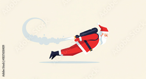 Santa Claus flying with a jetpack leaving a smoke trail in a cartoon style