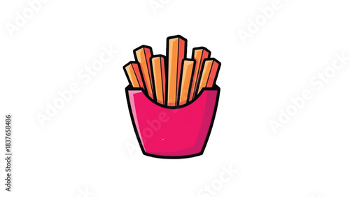 A bright pink carton filled with golden french fries.
