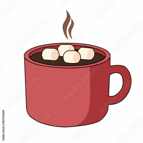 Hot chocolate with marshmallow in a red cup	