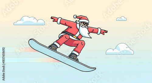 Santa Claus snowboarding on a cloud with a winter sky background, illustration