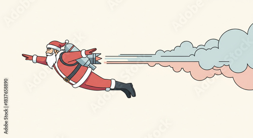 Santa Claus flying through the air with a jetpack, leaving a trail of smoke