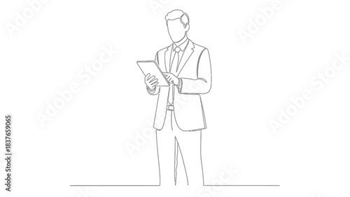 Single line art illustration of a businessman standing and using a digital tablet.