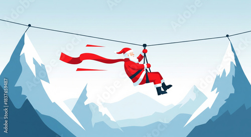 Dynamic Santa Claus Zip-Lining Through Majestic Snowy Mountains – A Festive, Fast-Paced Holiday Adventure Illustration Delivering Joy and Excitement
