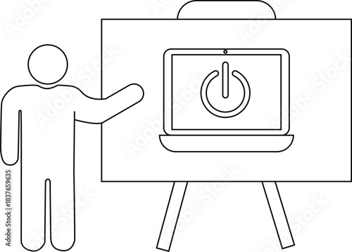 A presenter stands by a flip chart showcasing a laptop icon with a power button