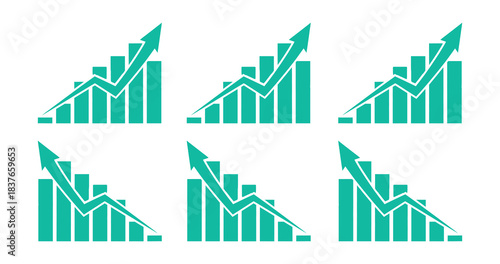 Financial growth and decline represented by ascending and descending bar graphs

