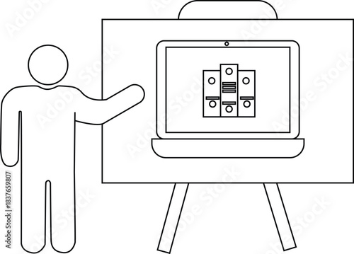 Figure pointing to laptop on presentation easel showing document icons