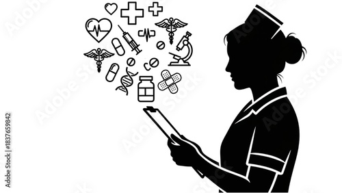Black silhouette line art of a nurse holding a clipboard with floating infographic medical symbols