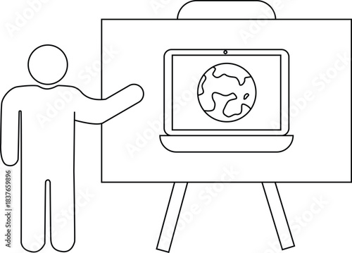 Figure presents laptop showing globe on easel