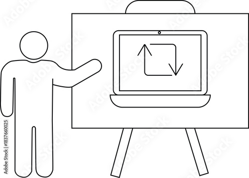 Line drawing of a person standing next to a whiteboard with a laptop drawing on it