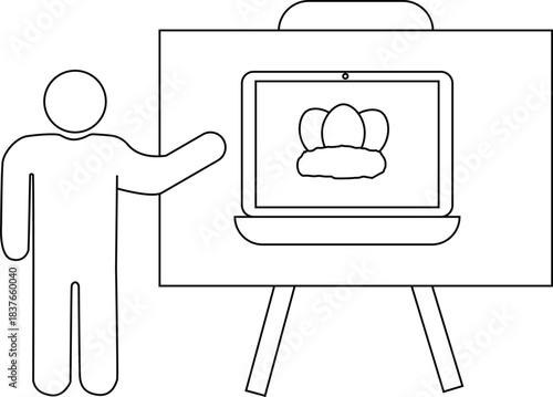 Line drawing person presenting laptop with eggs on stand
