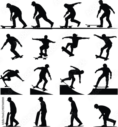 Skateboarder Tricks and Urban Skating Silhouettes