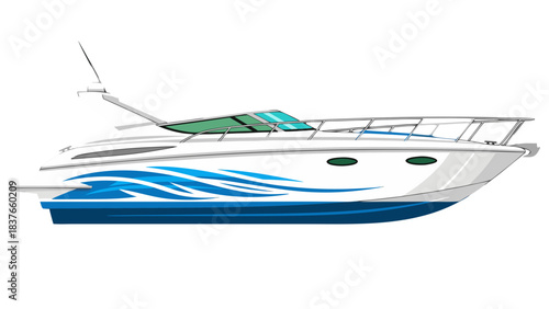 Sleek White Motor Yacht with Blue Wave Decals on Black Background Ideal for Luxury Marine Leisure and Coastal Exploration