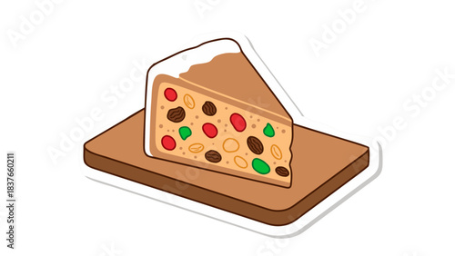 Slice of Christmas fruitcake with white icing on a wooden cutting board against a black background detailed illustration