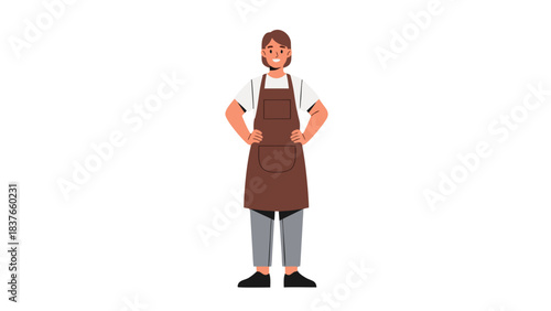 Smiling Person Wearing Apron And White T Shirt Standing With Hands On Hips Against Black Background