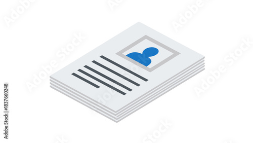 Stack of Document Papers With Portrait Icon and Text Lines on Black Background Isometric View