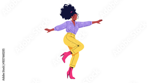 Retro Style Woman Dancing with Arms Outstretched in Colorful Outfit Yellow Pants Pink Heels and Purple Shirt on Black Background Pixel Art Style