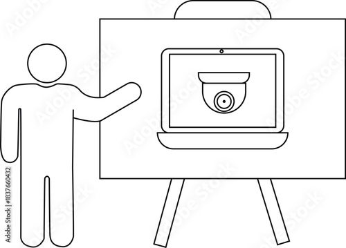 Presentation on security camera software on laptop screen given by simplified human figure
