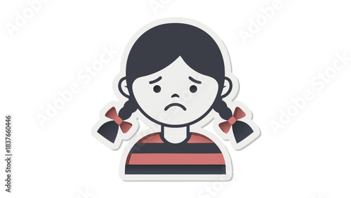Sad Young Girl with Pigtails and Striped Shirt Expressing Negative Emotion Against Black Background Simple Flat Design