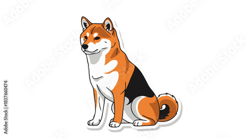 Shiba Inu Dog Sitting Alertly With Orange White and Black Fur and Curled Tail Isolated on Black Background Digital Art Style