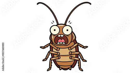 Shocked Cartoon Cockroach with Wide Eyes and Open Mouth Against a Black Background Detailed Illustration