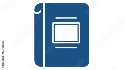 Simple Blue Icon of a Closed Book With a Rectangular Outline on the Cover Against a White Background