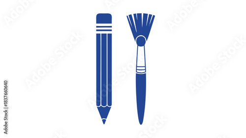 Simple Blue Pencil And Paintbrush Art Tools Isolated On Black Background Representing Creativity And Drawing With Clean Digital Illustration Style
