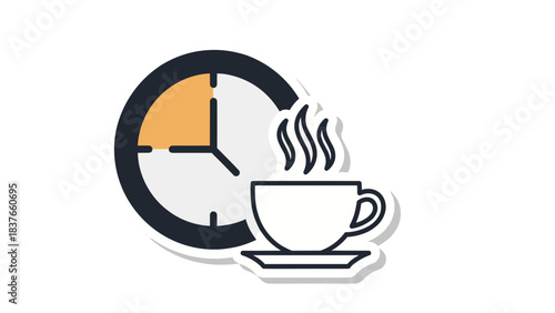 Simple Clock and Steaming Coffee Cup Icon on Black Background Representing Break Time or Morning Routine
