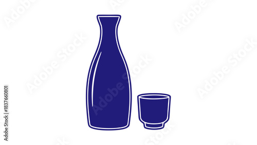 Simple Outline Illustration Of A Blue Bottle And Cup On A Black Background Suitable For Traditional Japanese Drinks Such As Sake Or Shochu