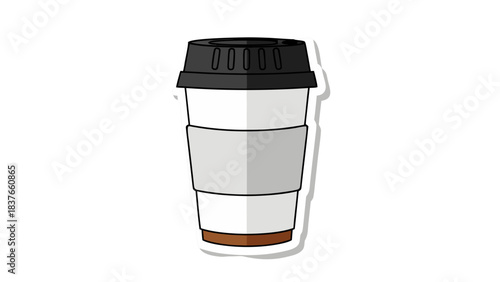 Simple vector illustration of a white disposable coffee cup with a black lid and gray sleeve isolated on a black background with subtle shadow and highlight details and a brown base detail