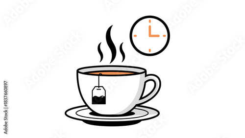 Simple White Teacup with Orange Tea and Tea Bag Next to a Small Clock on a Black Background with a Minimalist Style and Clean Lines Indicating Time for a Beverage