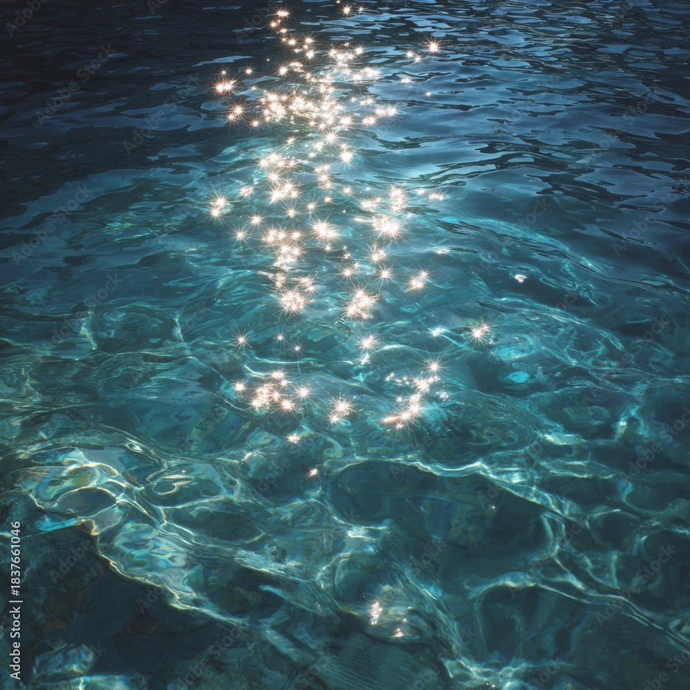 Obraz premium Sparkling Water Surface Reflecting Sunlight with Teal Blue Tones --v 7 Job ID: be4fc421-99f5-4812-8b5e-182901976c91