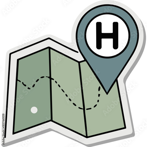 Stylized Illustration of a Folded Green Map with a Blue Location Pin Marked with a Black H Icon Against a White Background