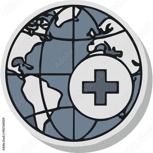 Stylized illustration of a globe with a medical cross symbol representing global health or international aid services with a clear outline and shadow effect on a white background