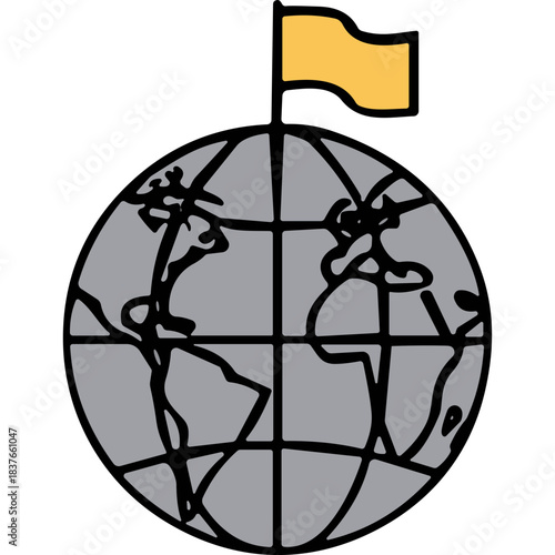 Stylized illustration of a gray globe with black outlines of continents and a yellow flag waving on top against a black background symbolizing global reach and communication
