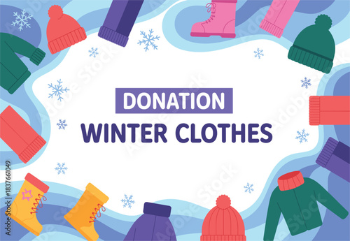 Vector Illustration of Winter Clothes Donation Banner, Frame of Hats, Boots, Scarves, and Sweaters for Charity and Seasonal Drives