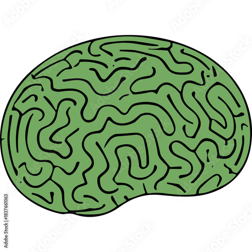 Stylized Illustration of a Green Human Brain with Black Outline on a Black Background Representing Cognition and Neuroscience