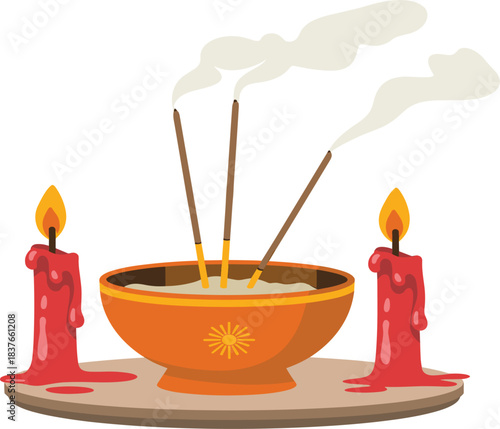 Vector Illustration of Lit Incense Sticks Burning in a Bowl, Surrounded by Two Red Candles, for Meditation, Prayer, or Spiritual Ritual
