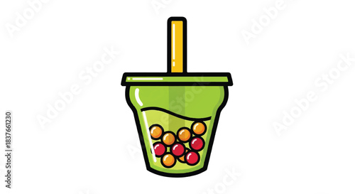 Green bubble tea with colorful tapioca pearls and yellow straw.