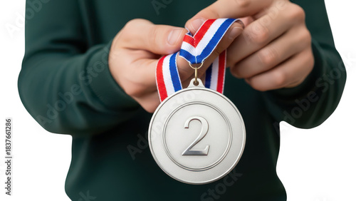Silver second place medal in hand on transparent background
